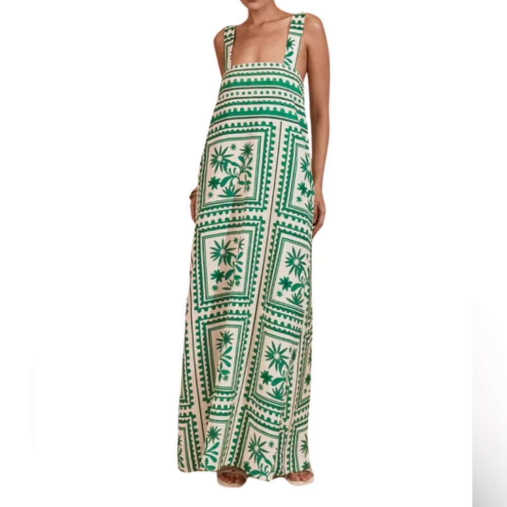 Mon Renn losas maxi dress Green and Cream Printed Square-Neck Maxi Dress used